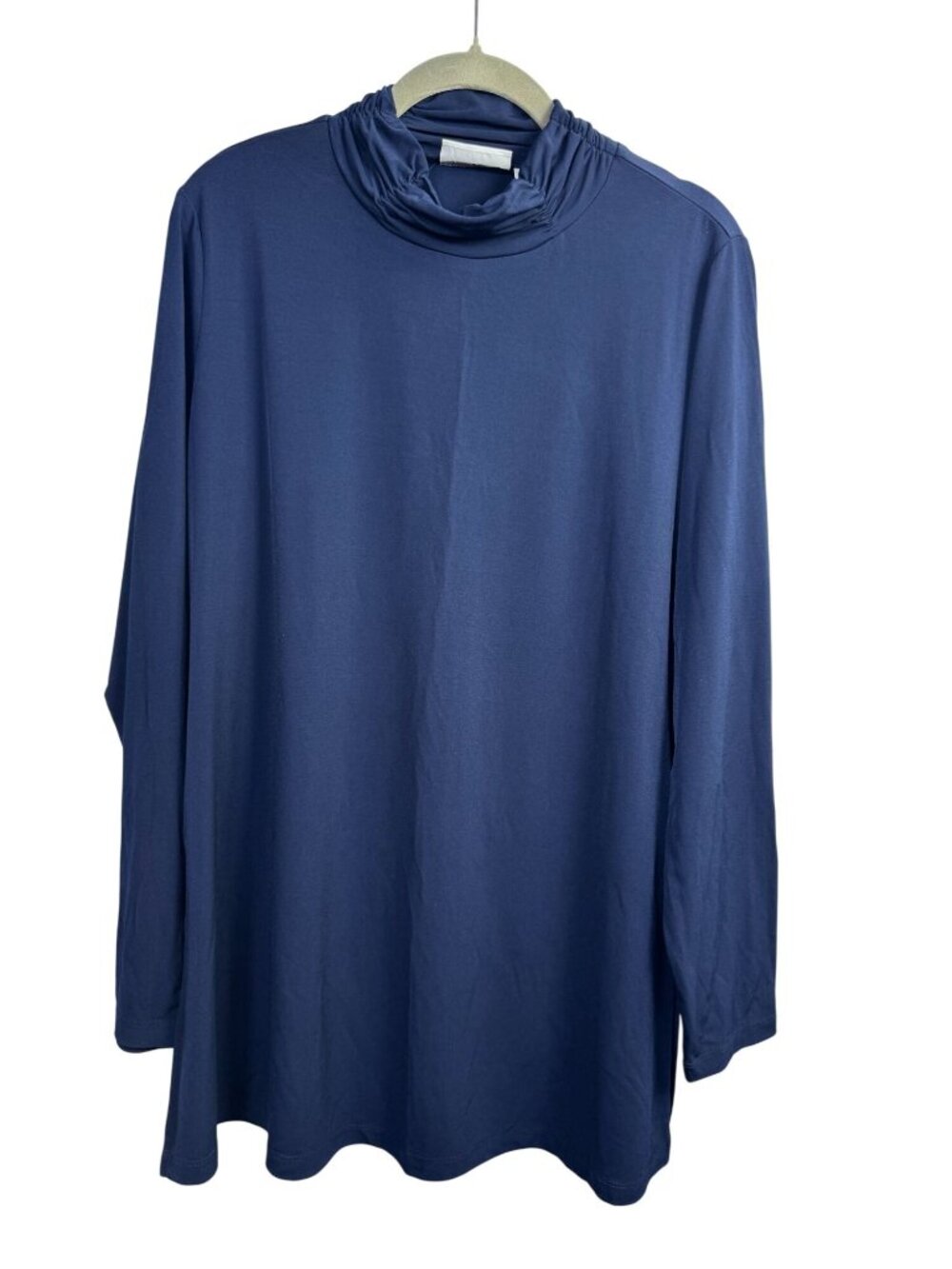 Susan Graver Navy Blue Long Sleeve Mockneck Pullover tunic Top Large Liquid Knit
